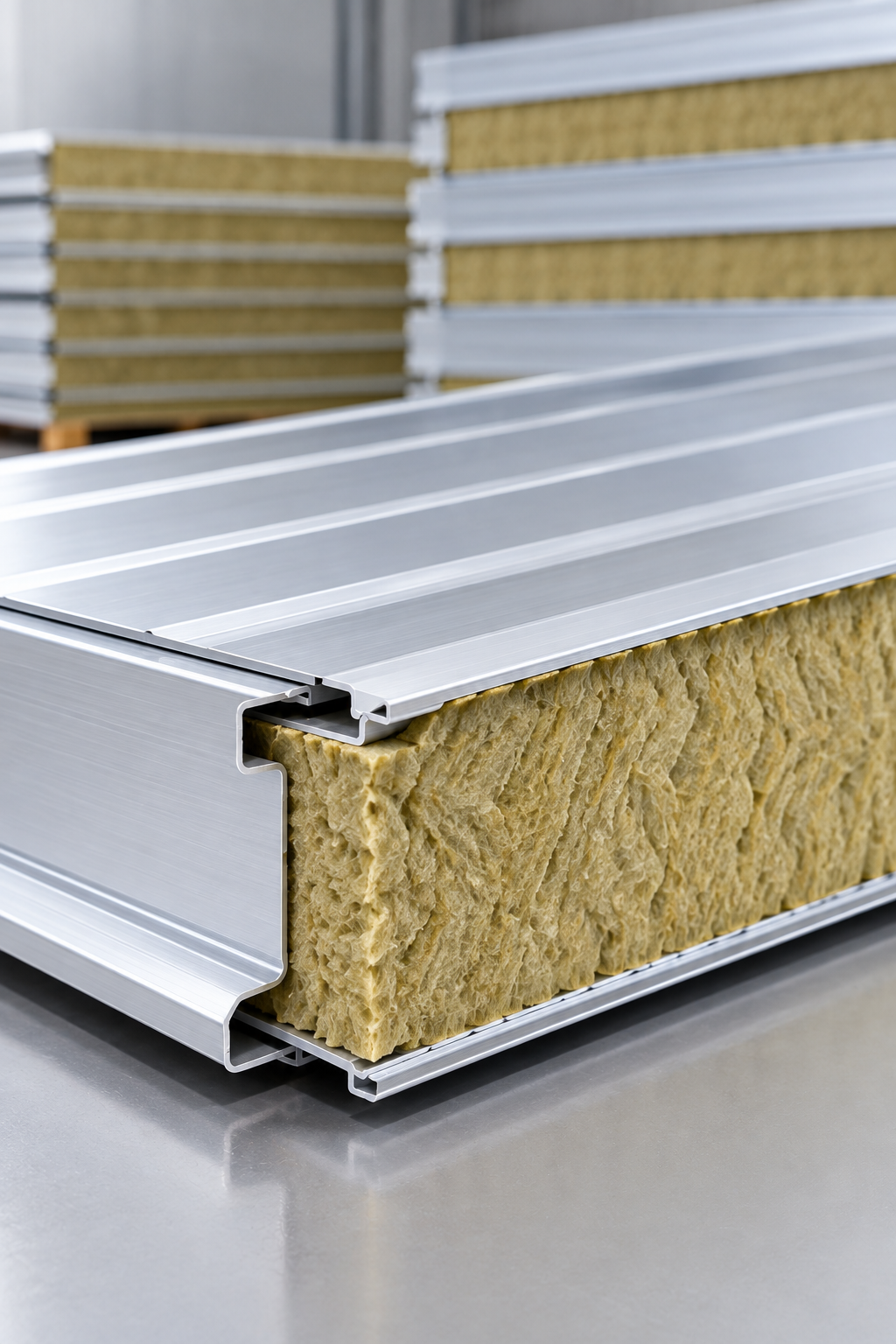 Rockwool insulated sandwich panel showing mineral wool core and metal facings